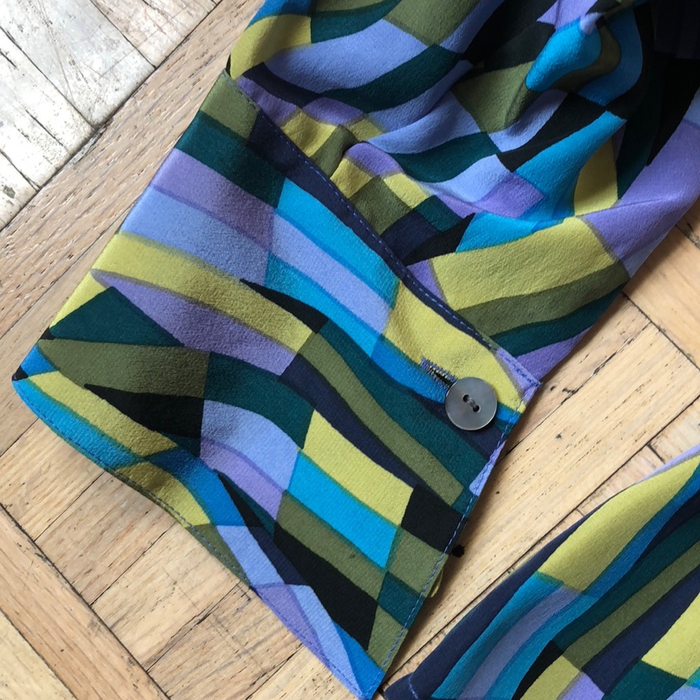 100% Silk Blouse Bright Geometric Pattern - image 4
